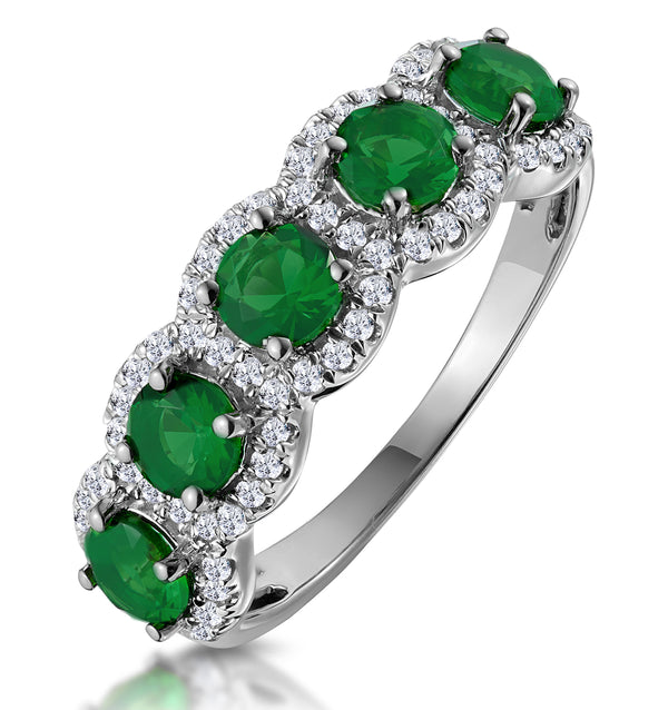 Emerald and Diamond Halo 5 Stone Asteria Ring in 18K White Gold